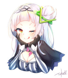 Rule 34 | 1girl, ;q, alternate breast size, between breasts, black capelet, black hairband, blunt bangs, blush, bow, breasts, brown eyes, capelet, cleavage, closed mouth, collared shirt, cropped torso, forehead, hair bun, hair ornament, hairband, hands up, highres, hololive, long hair, looking at viewer, medium breasts, murasaki shion, murasaki shion (1st costume), one eye closed, pink bow, shirt, side bun, signature, silver hair, simple background, single hair bun, single side bun, smile, solo, striped clothes, striped shirt, takuro (taku3949), tongue, tongue out, upper body, vertical-striped clothes, vertical-striped shirt, virtual youtuber, white background