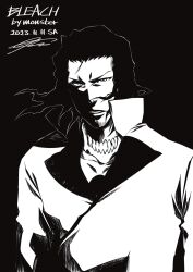 Rule 34 | 1boy, arrancar, artist name, beard stubble, black background, black hair, bleach, collarbone, collared jacket, copyright name, dated, facial hair, highres, hollow (bleach), jacket, jawbone, looking at viewer, loose hair strand, male focus, monochrome, open collar, parted lips, rlawnsgr7, shaded face, signature, solo, stubble, teeth, upper body