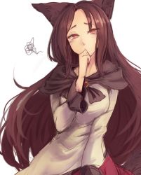 Rule 34 | 1girl, animal ears, annoyed, arm at side, breasts, brooch, brown hair, collarbone, fingernails, frilled sleeves, frills, hand to own mouth, imaizumi kagerou, jewelry, long fingernails, long hair, long sleeves, looking at viewer, monster girl, skirt, skirt set, slit pupils, solo, tail, terrajin, touhou, very long hair, wide sleeves, wolf ears, wolf tail