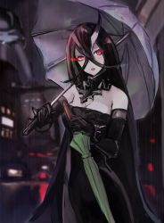 Rule 34 | 10s, 1girl, abyssal ship, bad id, bad pixiv id, bare shoulders, battleship water oni, black dress, black gloves, black hair, blush, breasts, city, city lights, crossed bangs, dress, elbow gloves, gloves, glowing, glowing eyes, hair between eyes, holding, holding umbrella, horns, kantai collection, large breasts, long hair, looking at viewer, night, oni horns, open mouth, rain, red eyes, single horn, sleeveless, sleeveless dress, solo, strapless, strapless dress, umbrella, very long hair, weasel (close-to-the-edge)