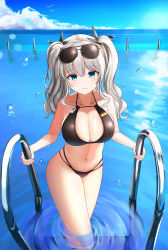Rule 34 | 1girl, absurdres, bare shoulders, bikini, black bikini, blue eyes, blue sky, blush, breasts, cleavage, closed mouth, cloud, cloudy sky, collarbone, contrapposto, cowboy shot, cropped legs, day, eyelashes, flag print, german flag, german flag bikini, groin, hair between eyes, highres, horizon, kantai collection, kashima (kancolle), large breasts, lemontea (ekvr5838), long hair, looking at viewer, midriff, multi-strapped bikini, navel, outdoors, partially submerged, pool, pool ladder, poolside, sidelocks, silver hair, sky, smile, solo, stomach, swimsuit, twintails, water, water drop, wavy hair, wet