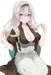Rule 34 | 1girl, apron, black hairband, blush, breasts, breasts out, collared dress, dress, firefly (honkai: star rail), grey hair, h4n4m1 2, hair between eyes, hairband, honkai: star rail, honkai (series), large breasts, long hair, looking at viewer, maid, maid apron, maid headdress, open mouth, pink eyes, ribbon, two-tone eyes, white background