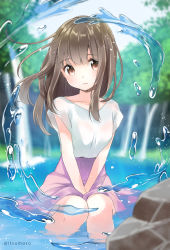 Rule 34 | 1girl, between legs, blue sky, blurry, blurry background, blush, brown eyes, brown hair, closed mouth, collarbone, commentary request, day, depth of field, forest, hair between eyes, hand between legs, head tilt, long hair, looking at viewer, nature, original, outdoors, pink skirt, rock, rougetsu, shirt, short sleeves, sitting, skirt, sky, solo, tree, twitter username, water, waterfall, white shirt