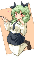 Rule 34 | 1girl, alternate eye color, anchovy (girls und panzer), anzio school uniform, aono3, black necktie, black ribbon, black skirt, blush, breasts, brown footwear, drill hair, girls und panzer, green hair, hair bobbles, hair ornament, heart, highres, holding, holding spoon, large breasts, loafers, long hair, long sleeves, looking at viewer, necktie, pantyhose, parted lips, pink eyes, pleated skirt, ribbon, school uniform, shirt, shoes, skirt, solo, spoon, twin drills, white pantyhose, white shirt