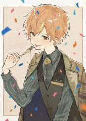 Rule 34 | 1boy, :p, blonde hair, buttons, character name, collared shirt, commentary request, confetti, dated, earrings, flower earrings, fork, green eyes, happy birthday, highres, holding, holding fork, jacket, jacket on shoulders, jewelry, jishio, lapels, long sleeves, male focus, multicolored hair, notched lapels, official alternate costume, orange hair, project sekai, shinonome akito, shirt, short hair, solo, streaked hair, tongue, tongue out, two-tone hair, upper body