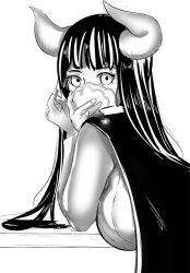 Rule 34 | 1girl, artist request, bad hands, breasts, from behind, horns, large breasts, mask, monochrome, one piece, ulti (one piece)