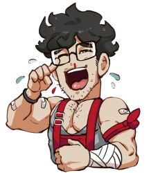 Rule 34 | 1boy, bandaged arm, bandages, bara, beard, black hair, blood, chest hair, facial hair, fairytale police hoe department, gepetto ardalos, glasses, grey tank top, idoraad, laughing, looking at viewer, male focus, muscular, muscular male, non-web source, nosebleed, one eye closed, open mouth, overalls, pectorals, red overalls, short hair, tank top, tears, teeth, tongue, transparent background, upper body, upper teeth only, wristband