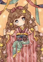 Rule 34 | 1girl, absurdres, ahoge, animal ears, blush, braid, bright pupils, brown hair, closed mouth, commentary request, cowboy shot, detached ahoge, dot mouth, flower, flower-shaped pupils, furisode, green eyes, hair flower, hair ornament, head tilt, highres, holding, holding hair, holding own hair, japanese clothes, kimono, long hair, long sleeves, looking at viewer, lupin strawberry, obi, obijime, original, painting (medium), pink flower, red kimono, ribbon, sash, standing, striped clothes, striped kimono, symbol-shaped pupils, traditional media, twin braids, vertical-striped clothes, vertical-striped kimono, very long hair, watercolor (medium), white pupils, wide sleeves, yellow flower