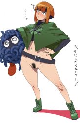 Rule 34 | 00s, 1girl, bad id, bad pixiv id, belt, boots, bottomless, brown eyes, brown hair, capelet, creatures (company), female pubic hair, game freak, gardenia (pokemon), gen 1 pokemon, green capelet, green footwear, gym leader, hip focus, jaga note, navel, nintendo, no panties, pokemon, pokemon (creature), pokemon dppt, pubic hair, standing, tangela, translated, uncensored, wide hips