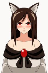 Rule 34 | 1girl, animal ears, animated, animated gif, blush, bouncing breasts, breasts, brown hair, closed mouth, clothes pull, imaizumi kagerou, large breasts, long hair, looking at viewer, nipples, no bra, pulling own clothes, red eyes, shirt pull, solo, touhou, wolf ears, wolf girl