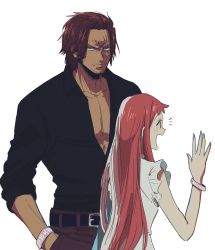 Rule 34 | 1boy, 1girl, age difference, alternate hairstyle, choko egg, facial hair, father and daughter, highres, long hair, looking at another, looking at viewer, looking to the side, manly, multicolored hair, muscular, one piece, one piece film: red, pectorals, red hair, salute, serious, shaded face, shanks (one piece), shiny skin, size difference, smile, two-tone hair, uta (one piece), very long hair