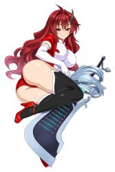 Rule 34 | 1girl, ass, between legs, black thighhighs, breasts, cle masahiro, elbow gloves, full body, gloves, hair ornament, high heels, highres, kisaragi setsuna, large breasts, long hair, looking at viewer, official art, pumps, red eyes, red hair, short sleeves, simple background, smile, solo, sword, thighhighs, twisted torso, valkyrie drive, valkyrie drive -siren-, weapon, white background, white gloves