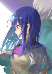 Rule 34 | 1boy, 1girl, absurdres, ascot, back-to-back, blue hair, capelet, character request, dress shirt, grey capelet, grey shirt, highres, long hair, momoyama hinase, parted lips, profile, purple ascot, red eyes, shirt, silver hair, straight hair, upper body, w