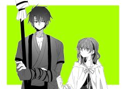 Rule 34 | 0819 chii, 1boy, 1girl, akatsuki no yona, border, cloak, crossed arms, earrings, facing another, facing viewer, green background, hak (akatsuki no yona), highres, hood, hood down, jewelry, long sleeves, looking at another, partially colored, short hair, tassel, tassel earrings, white border, yona (akatsuki no yona)