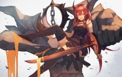 Rule 34 | 1girl, arknights, bare shoulders, commentary, highres, horns, long hair, looking at viewer, lava, mutsuki albino, pantyhose, purple eyes, red hair, simple background, slit pupils, solo, surtr (arknights), thigh strap