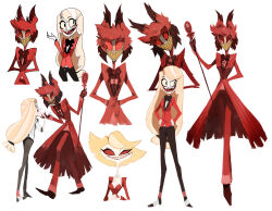 Rule 34 | 1boy, 2girls, :d, alastor (hazbin hotel), animal ears, antlers, arms behind back, black bow, black bowtie, black footwear, black nails, black pants, blonde hair, bow, bowtie, charlie morningstar, circle facial mark, claw ring, closed mouth, coat, colored sclera, colored skin, commentary, deer antlers, deer boy, deer ears, demon boy, english commentary, evil grin, evil smile, eyes visible through hair, eyeshadow, facial mark, fangs, full body, gloves, glowing, glowing eyes, grey skin, grin, half-closed eyes, hand on own hip, hand up, hands on own hips, hazbin hotel, head tilt, highres, holding, holding hands, holding microphone, horns, jacket, jewelry, katie killjoy, leaning forward, long hair, looking at another, looking at viewer, low-tied long hair, makeup, microphone, monocle, multicolored hair, multiple girls, multiple views, nai ga, necklace, open mouth, pants, pearl necklace, red-tinted eyewear, red bow, red bowtie, red coat, red eyes, red eyeshadow, red gloves, red hair, red jacket, red pants, red sclera, sharp teeth, shirt, shoes, short hair, simple background, smile, standing, striped coat, suspenders, teeth, tinted eyewear, traditional bowtie, two-tone hair, vertical-striped coat, vintage microphone, white background, white eyes, white shirt, white skin, yellow eyes, yellow teeth