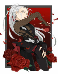 Rule 34 | 10s, 1boy, aged down, blue eyes, bodysuit, cropped legs, flower, male focus, open mouth, petals, ponytail, red flower, red rose, rose, silver hair, viktor nikiforov, you (gay322k), yuri!!! on ice