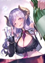 Rule 34 | 1girl, nanashi inc., alcohol, ario, between breasts, blush, bottle, breasts, cleavage, commentary, cup, dated, demon girl, demon horns, detached sleeves, drinking glass, from below, honey strap, horns, ice, ice cube, large breasts, long hair, long sleeves, looking at viewer, mole, mole under mouth, navel, necktie, necktie between breasts, open mouth, pointy ears, purple eyes, purple hair, purple necktie, saionji mary, sidelocks, signature, sitting, smile, solo, virtual youtuber