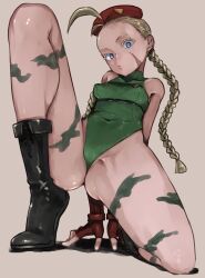 Rule 34 | 1girl, abaratani kurou, ahoge, bare shoulders, beret, black footwear, blonde hair, blue eyes, bodypaint, boots, braid, breasts, cammy white, commentary request, facial scar, fingerless gloves, full body, gloves, green leotard, hat, highres, huge ahoge, leotard, long hair, looking at viewer, on one knee, puckered lips, red gloves, scar, scar on cheek, scar on face, small breasts, solo, squatting, street fighter, thong leotard, twin braids