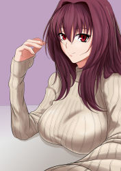 Rule 34 | 1girl, absurdres, beige sweater, breasts, closed mouth, fate/grand order, fate (series), hair between eyes, hand up, highres, large breasts, long hair, long sleeves, looking at viewer, n.e (sakura-233), purple background, purple hair, red eyes, ribbed sweater, scathach (fate), simple background, sleeves past wrists, smile, solo, sweater, turtleneck, turtleneck sweater