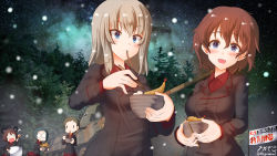 Rule 34 | 5girls, akaboshi koume, angry, animal ears, banner, black jacket, blue eyes, blush, bowl, brown hair, chopsticks, eating, eyebrows, food, forest, girls und panzer, glasses, green hair, highres, holding, holding bowl, holding chopsticks, itsumi erika, jacket, kojima emi, kuromorimine military uniform, ladle, long hair, long sleeves, looking at viewer, mauko (girls und panzer), megadeko, military, military vehicle, motor vehicle, mouse ears, multiple girls, nature, night, noodles, one-hour drawing challenge, opaque glasses, outdoors, plant, pleated skirt, potted plant, red footwear, red shirt, sangou (girls und panzer), shirt, short hair, shrimp, silver hair, skirt, sky, smile, snow, soba, star (sky), starry sky, tank, tiger ii, translation request, tree, twitter username, wavy hair