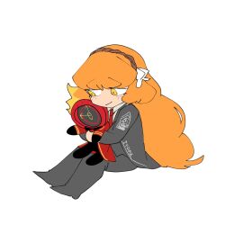 Rule 34 | 1girl, black pants, bow, brown hairband, character doll, closed mouth, collared shirt, dante (limbus company), doll, hair bow, hairband, highres, holding, holding doll, ishmael (project moon), limbus company, long hair, long sleeves, moguraorgd, necktie, orange hair, pants, project moon, red necktie, rope, shirt, simple background, smile, solo, very long hair, white background, white bow, white shirt, yellow eyes