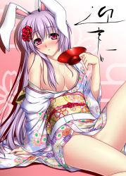 Rule 34 | 1girl, alcohol, animal ears, breasts, rabbit ears, cleavage, female focus, japanese clothes, kimono, long hair, no panties, nonbei, purple hair, reisen udongein inaba, sake, solo, touhou