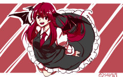 Rule 34 | 1girl, :d, bad id, bad pixiv id, bat wings, dress shirt, frilled skirt, frills, full body, hair between eyes, head wings, juliet sleeves, koakuma, long hair, long sleeves, looking at viewer, necktie, open mouth, outline, puffy sleeves, red background, red eyes, red hair, red necktie, ringed eyes, shirt, sidelocks, simple background, sketch, skirt, skirt set, smile, solo, striped, striped background, syn, touhou, very long hair, wings