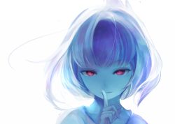 Rule 34 | 1boy, blue theme, closed mouth, danball senki wars, eyebrows, finger to mouth, floating hair, index finger raised, light smile, lipstick, looking at viewer, makeup, male focus, portrait, red eyes, rojer18, seredy kreisler, shushing, simple background, solo, white background, wind