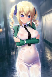 Rule 34 | 1girl, angelina kudou shields, arms under breasts, blonde hair, blue eyes, blue ribbon, blurry, blurry background, blush, breast hold, breasts, closed mouth, covered erect nipples, covered navel, crossed arms, dress, drill hair, hair between eyes, hair ribbon, highres, large breasts, long sleeves, looking at viewer, mahouka koukou no rettousei, medium hair, nanikairu, night, no bra, no panties, outdoors, paid reward available, rain, ribbon, school uniform, see-through, shrug (clothing), solo, twin drills, wet, wet clothes, wet dress