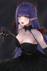 Rule 34 | 1girl, absurdres, akuma nihmune, alcohol, artist name, bat wings, black dress, black gloves, black nails, breasts, cleavage, commentary, cup, demon horns, dress, drinking glass, earrings, elbow gloves, english commentary, facial tattoo, fangs, fingerless gloves, gloves, heart, heart tattoo, highres, holding, holding cup, horns, indie virtual youtuber, jewelry, large breasts, long hair, looking at viewer, mole, mole under eye, nail polish, open mouth, pointy ears, purple hair, red eyes, single earring, tattoo, vampire, virtual youtuber, wine, wine glass, wings, yiotaart