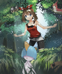 Rule 34 | 10s, 1girl, :o, alternate color, bare shoulders, bike shorts, bike shorts under shorts, black eyes, black shorts, blue eyes, blue sky, brown eyes, brown hair, bw shazi, closed mouth, colored sclera, creatures (company), dappled sunlight, day, forest, game freak, gen 3 pokemon, grass, hair ribbon, hairband, highres, in tree, may (pokemon), may (pokemon oras), nature, nintendo, open mouth, outdoors, plant, pokemon, pokemon (creature), pokemon oras, ralts, red ribbon, ribbon, seedot, shiny pokemon, short hair, short shorts, shorts, shorts under shorts, sidelocks, sky, sleeveless, standing, sunlight, tank top, tree, two side up, white shorts, wurmple, yellow sclera, zigzagoon