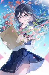 Rule 34 | 1girl, aqua ascot, aqua eyes, aqua ribbon, black hair, blue sailor collar, blue skirt, blue sky, blush, book, clear sky, clothes lift, commentary request, cowboy shot, day, flower, hair ribbon, highres, holding, holding book, holding stylus, looking at viewer, miwano rag, open mouth, original, outdoors, pink flower, plant, pleated skirt, red flower, red rose, ribbon, rose, sailor collar, school uniform, shirt, short sleeves, sidelocks, skirt, skirt lift, sky, smile, solo, standing, stylus, sunlight, white shirt, wind