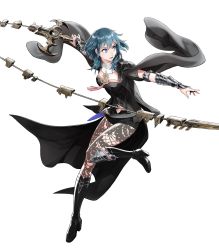 Rule 34 | 1girl, armor, belt, black footwear, boots, breasts, brown pantyhose, byleth (female) (fire emblem), byleth (fire emblem), coat, dagger, fire emblem, fire emblem: three houses, fire emblem heroes, full body, high heel boots, high heels, highres, hirooka masaki, jacket, jacket on shoulders, knee boots, knee pads, knife, long hair, medium breasts, midriff peek, nintendo, official art, pantyhose, pantyhose under shorts, shorts, shoulder pads, solo, transparent background, weapon