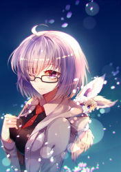 Rule 34 | 1girl, ahoge, bad id, bad pixiv id, baocaizi, black-framed eyewear, blush, breasts, closed mouth, fate/grand order, fate (series), fou (fate), from side, hair between eyes, highres, hood, hoodie, light purple hair, long sleeves, looking at viewer, looking to the side, mash kyrielight, medium breasts, necktie, open clothes, open hoodie, petals, purple eyes, red necktie, short hair, smile, solo, upper body