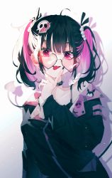 Rule 34 | 1girl, absurdres, ahoge, black hair, black jacket, black nails, collar, demon tail, fang, hair ornament, hand up, heart, heart-shaped eyewear, highres, jacket, long sleeves, looking at viewer, medium hair, nail polish, off shoulder, original, purple eyes, purple hair, ryane (yry 0), simple background, skull hair ornament, solo, spiked collar, spikes, sunglasses, tail, tail raised, tongue, two side up, upper body, v