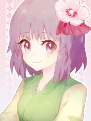 Rule 34 | 1girl, closed mouth, collarbone, flower, gradient background, green kimono, hair flower, hair ornament, hair ribbon, hieda no akyuu, japanese clothes, keemoringo, kimono, leaf print, looking at viewer, lowres, outline, purple eyes, purple hair, red ribbon, ribbon, short hair, smile, solo, tareme, touhou, upper body, white outline