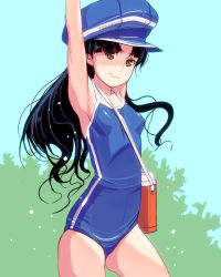 Rule 34 | 1girl, armpits, arms up, bad id, bad pixiv id, bag, black hair, brown eyes, competition swimsuit, cowboy shot, female focus, girl with golden shoe, hat, kin no kutsu gin no kutsu, kouno (masao), long hair, nature, one-piece swimsuit, original, outdoors, school swimsuit, sky, smile, solo, swimsuit, yellow eyes