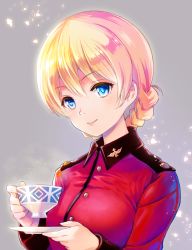 Rule 34 | 1girl, blonde hair, blue eyes, blush, braid, closed mouth, commentary request, cup, darjeeling (girls und panzer), girls und panzer, gradient background, grey background, highres, holding, holding cup, jacket, light particles, long sleeves, looking at viewer, military jacket, red jacket, saucer, smile, solo, st. gloriana&#039;s military uniform, tareme, teacup, umipro, upper body