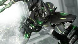 Rule 34 | alternate color, armor, black armor, blurry, blurry background, commentary, depth of field, eye trail, green eyes, gundam, gundam 00, gundam exia, highres, light trail, looking ahead, mecha, mixed-language commentary, mobile suit, no humans, robot, running, solo, taka-f, v-fin