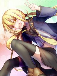 Rule 34 | 1girl, absurdres, armband, black sailor collar, black skirt, black thighhighs, blonde hair, blue jacket, commentary request, crescent, crescent pin, dress, highres, honeycomb (pattern), honeycomb background, jacket, kantai collection, long hair, looking at viewer, low twintails, neckerchief, pleated dress, sailor collar, satsuki (kancolle), satsuki kai ni (kancolle), school uniform, serafuku, skirt, smile, solo, surumeika (jfsurumeika), thighhighs, twintails, v, yellow eyes, yellow neckerchief