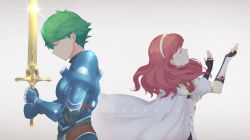 Rule 34 | 1boy, 1girl, alm (fire emblem), armor, cape, celica (fire emblem), elbow gloves, english text, closed eyes, fire emblem, fire emblem echoes: shadows of valentia, fire emblem gaiden, from side, gauntlets, glint, gloves, green hair, highres, holding, holding sword, holding weapon, nintendo, red hair, simple background, sword, weapon