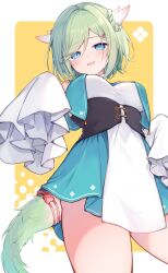 Rule 34 | 1girl, :d, blue eyes, blue skirt, blush, bob cut, border, breasts, character request, commission, cowboy shot, dot nose, from below, fukunoki tokuwa, green hair, hair intakes, highres, horns, indie virtual youtuber, large breasts, legs apart, long sleeves, looking at viewer, open mouth, outside border, parted bangs, pleated skirt, shirt, short hair, sidelocks, simple background, skeb commission, skirt, sleeves past fingers, sleeves past wrists, smile, solo, tail, thick thighs, thighs, white border, white shirt, yellow background