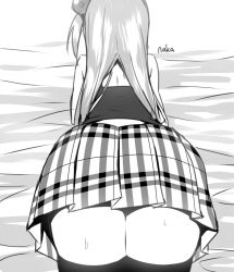 Rule 34 | 1girl, ass, ass focus, bare shoulders, bed sheet, character name, from behind, greyscale, hair bobbles, hair ornament, kudou naka, long hair, monochrome, original, ponytail, side ponytail, simple background, skirt, sky-freedom, solo, thighhighs, thighs, white background, zettai ryouiki