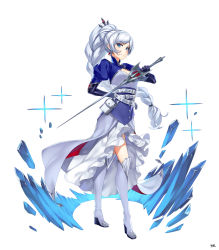 Rule 34 | 1girl, arm behind back, black gloves, blue eyes, boots, braid, braided ponytail, closed mouth, dress, elbow gloves, floating hair, full body, gloves, highres, holding, holding sword, holding weapon, knee boots, long hair, long sleeves, looking at viewer, mk (lazymk), myrtenaster, ponytail, rapier, rwby, shrug (clothing), simple background, solo, standing, swept bangs, sword, underbust, very long hair, waist cape, weapon, weiss schnee, white background, white dress, white hair