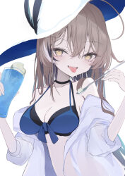 Rule 34 | 1girl, ahoge, alternate costume, bikini, brown eyes, brown hair, crossed bangs, cup, drink, glass, hat, highres, holding, holding cup, holding spoon, hololive, hololive english, inaba reito, jacket, long hair, looking at viewer, multicolored hair, nanashi mumei, off shoulder, see-through, spoon, streaked hair, sun hat, swimsuit, tongue, tongue out, very long hair, virtual youtuber, white jacket