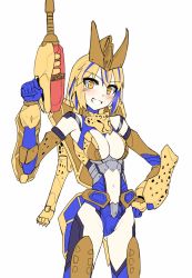 Rule 34 | 1girl, beast wars, blonde hair, blush, cheetor, clenched hands, clothing cutout, genderswap, genderswap (mtf), gun, hand on own hip, highres, holding, holding gun, holding weapon, i.takashi, looking down, mecha musume, multicolored hair, personification, short hair, smile, solo, stomach cutout, transformers, weapon, white background, yellow eyes