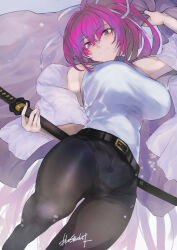 Rule 34 | 1girl, belt, breasts, highres, katana, large breasts, pants, ponytail, red hair, sword, tagme, tight clothes, tight pants, under night in-birth, under night in-birth exe:late[st], weapon, yuzuriha (under night in-birth)