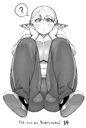 Rule 34 | 1girl, :t, ?, bad id, bad tumblr id, belly, breasts, breasts squeezed together, covered navel, elf-san wa yaserarenai., erufuda-san, greyscale, highres, large breasts, looking at viewer, looking down, monochrome, plump, pointy ears, shoes, short hair, simple background, solo, spoken question mark, squatting, synecdoche, thighs, white background