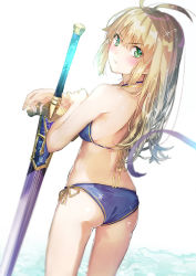 Rule 34 | &gt;:/, 1girl, :/, alternate hairstyle, artoria pendragon (all), artoria pendragon (fate), ass, bikini, blonde hair, blue bikini, blurry, commentary request, depth of field, excalibur (fate/stay night), fate/stay night, fate (series), from behind, green eyes, hair down, long hair, looking at viewer, looking back, saber (fate), side-tie bikini bottom, solo, swimsuit, sword, v-shaped eyebrows, weapon, yuugen